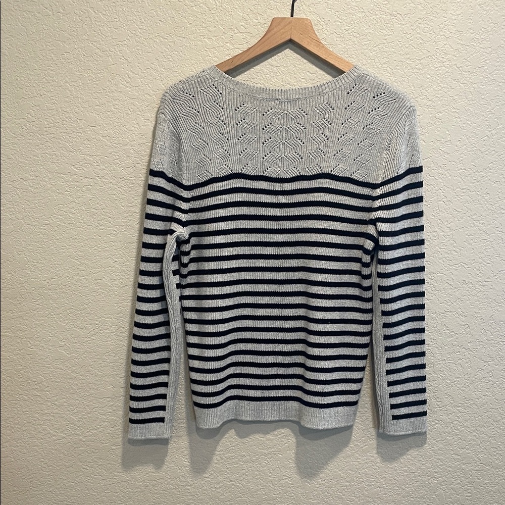 Talbots Nautical Stripe Sweater XL Navy Gray Cotton Knit Coastal Button Shoulder - Picture 6 of 7